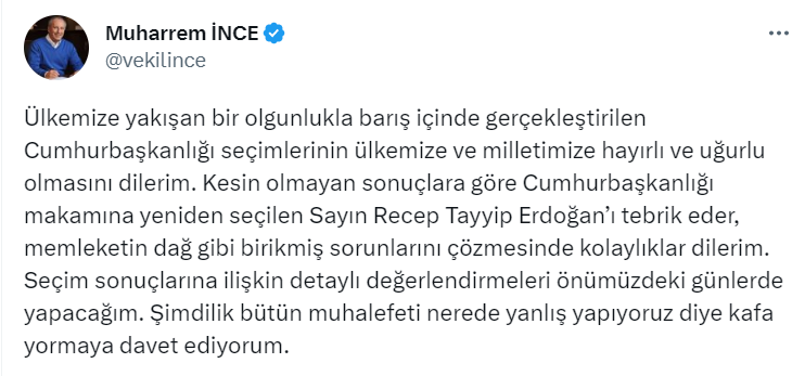 İnce'den Cumhurbaşkanı Erdoğan'a tebrik - Resim : 1