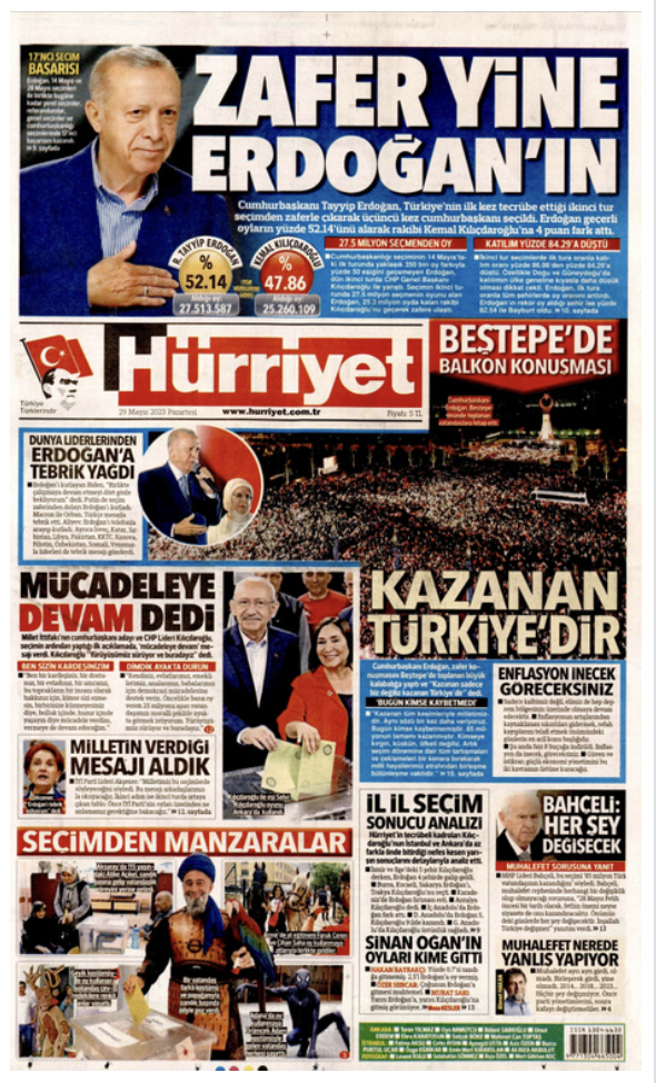Erdoğan'ın yeniden Cumhurbaşkanı seçilmesinin ardından gazetelerin ilk sayfaları - Resim : 1