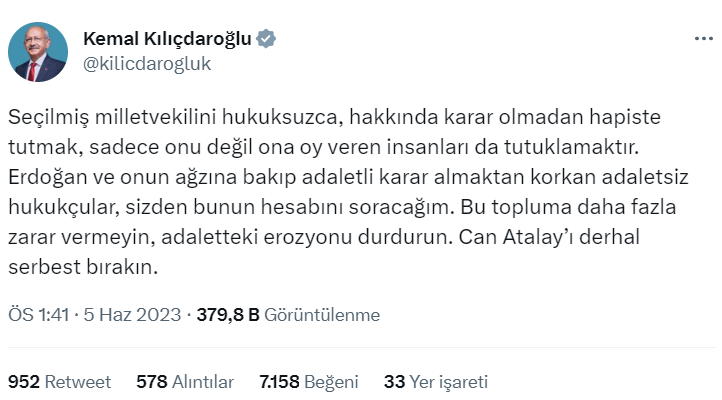 Kılıçdaroğlu 3 gün sonra konuştu: Can Atalay'ı serbest bırakın, hesabını soracağım - Resim : 1